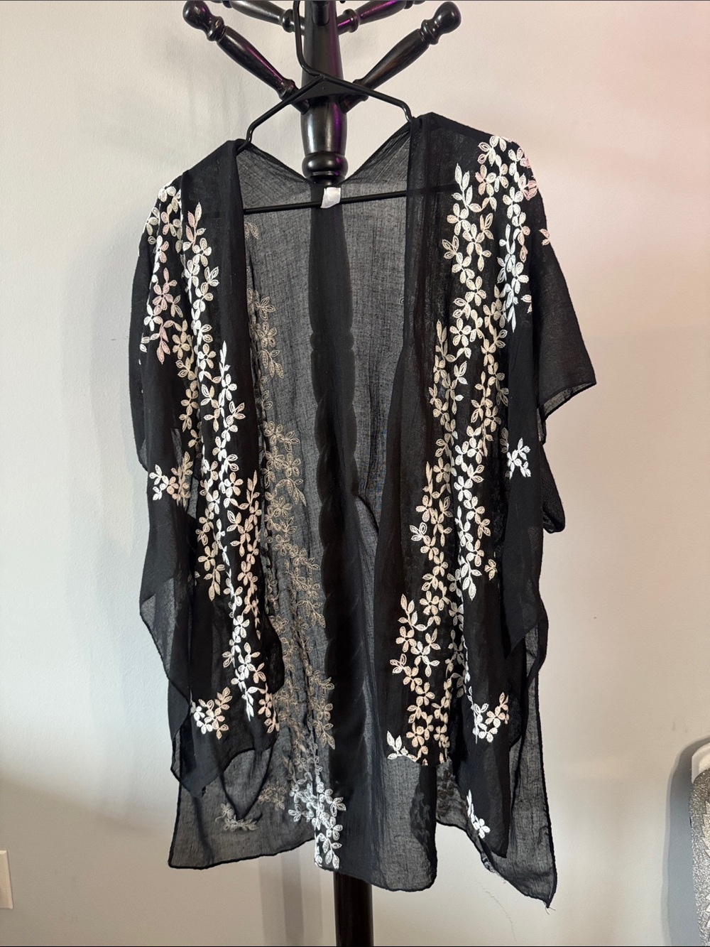 Black Sheer Floral Embroidered Kimono